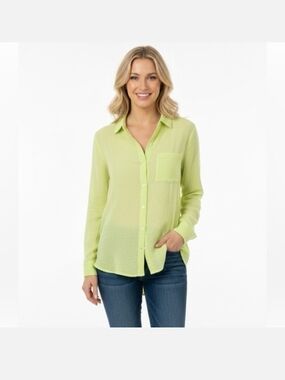 Lucky Brand Gauze Split Back Button Down Shirt Chartreuse
